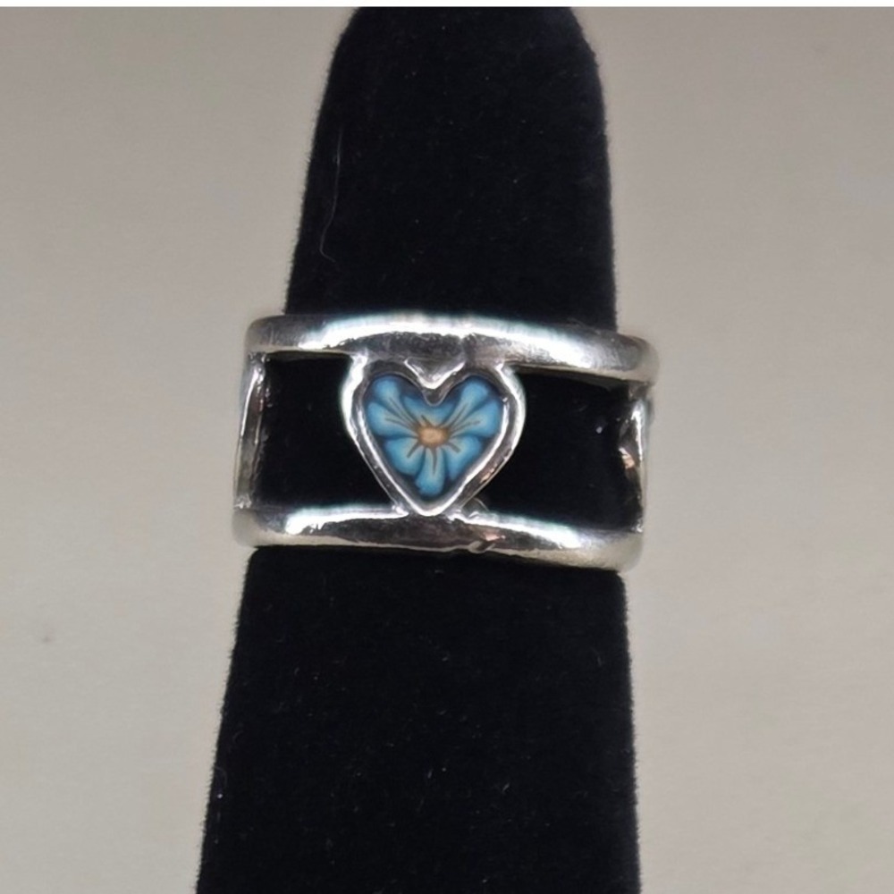 Silver Tone Wide Band Heart Floral Millefiori Ring Blue Flower Size 6 0407